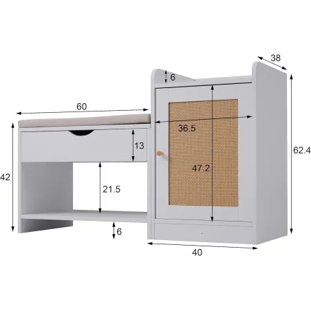 Biała Szafka Na Buty Z Siedziskiem I Rattanowymi Drzwiczkami 100X38X62,5 Cm