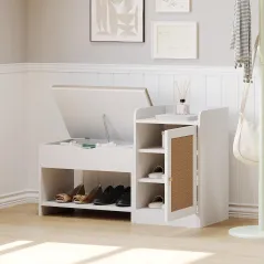 BIAŁA SZAFKA NA BUTY Z SIEDZISKIEM I RATTANOWYMI DRZWICZKAMI 100X38X62,5 CM