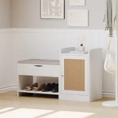 BIAŁA SZAFKA NA BUTY Z SIEDZISKIEM I RATTANOWYMI DRZWICZKAMI 100X38X62,5 CM