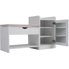 BIAŁA SZAFKA NA BUTY Z SIEDZISKIEM I RATTANOWYMI DRZWICZKAMI 100X38X62,5 CM