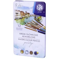 KREDKI AKWARELOWE Z DREWNA CEDROWEGO PRESTIGE ASTRA W METALOWYM PUDEŁKU 12 KOLORÓW