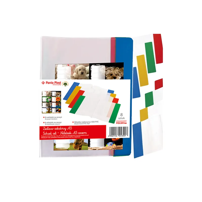 TRANSPARENTNA OKŁADKA NA ZESZYT A5 PVC Z NAKLEJKAMI 8 SZTUK PANTA PLAST