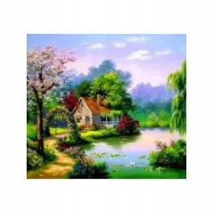 MALOWANIA PO NUMERACH 40X50 DOM NAD STAWEM Z PĘDZLAMI I FARBAMI 7+