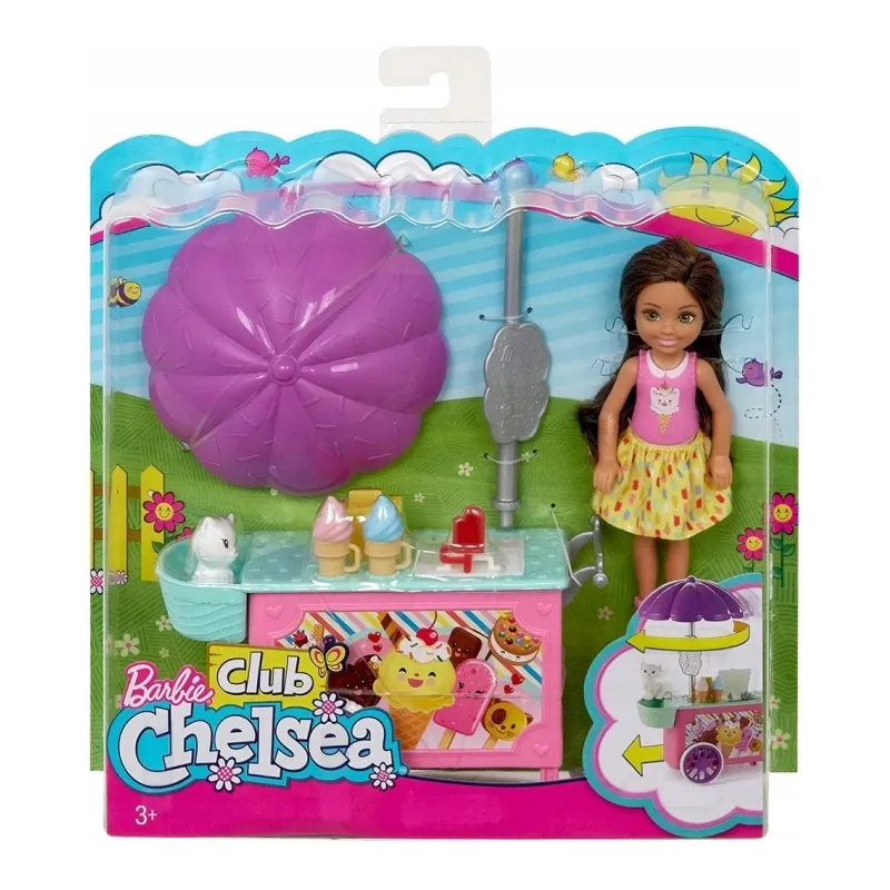 LALKA CHELSEA BARBIE WÓZEK Z LODAMI RUCHOMY PARASOL MATTEL 3+