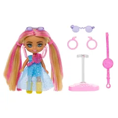 BARBIE EXTRA MINI MINIS NIEBIESKA SUKIENKA Z TRENEM LALKA KOLEKCJONERSKA 3+