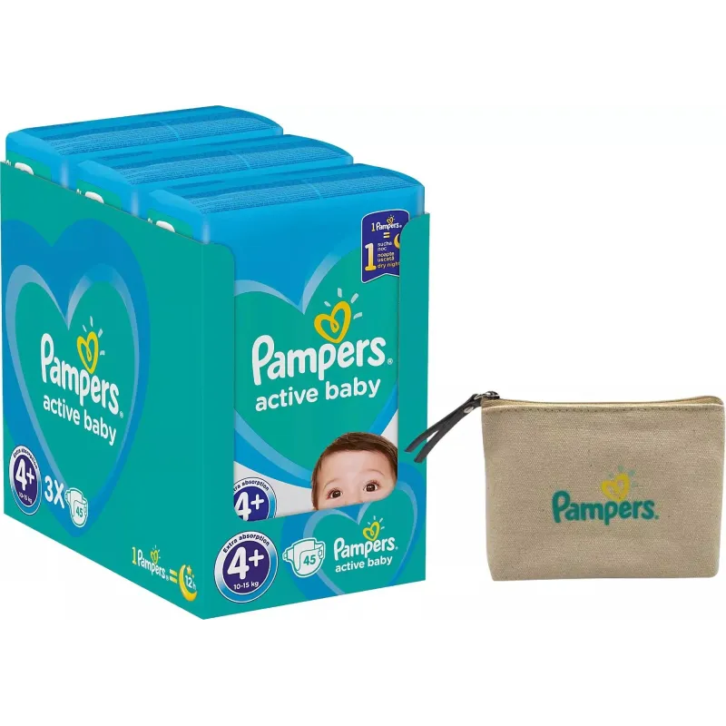 PIELUCHY PAMPERS ACTIVE BABY ROZMIAR 4+ MAXI 10-15 KG 135 SZT. + KOSMETYCZKA - Procter & Gamble