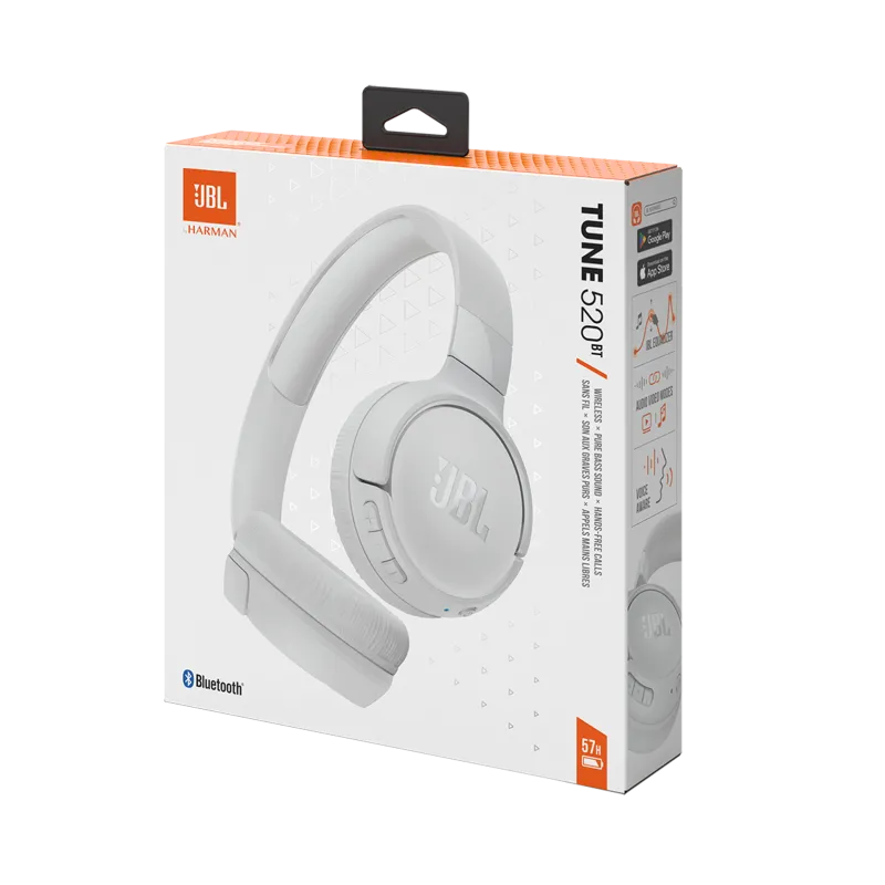 SŁUCHAWKI NAUSZNE BEZPRZEWODOWE JBL TUNE 520BT BIAŁE BLUETOOTH PURE BASS