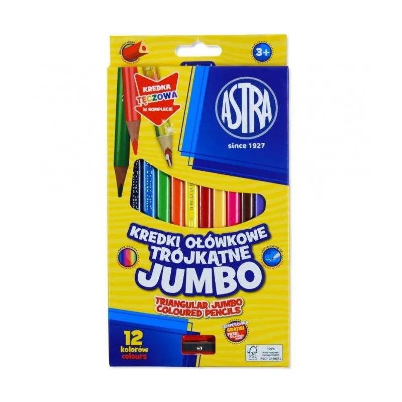 KREDKI OŁÓWKOWE TRÓJKĄTNE JUMBO ASTRA 12 KOLORÓW Z TEMPERÓWKĄ