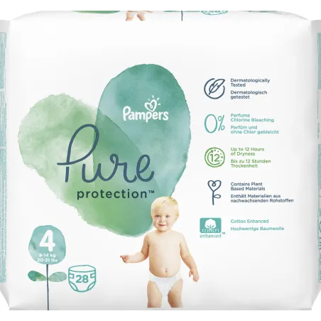 Pampers, Pure Protection, Pieluchy Jednorazowe, Rozmiar 4, 9–14 Kg, 28 Szt.