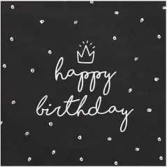 SERWETKI URODZINOWE CZARNE HAPPY BIRTHDAY 20 SZTUK PARTYDECO