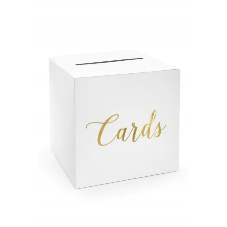 PUDEŁKO NA KOPERTY ŚLUBNE BIAŁE ZE ZŁOTYM NAPISEM CARDS