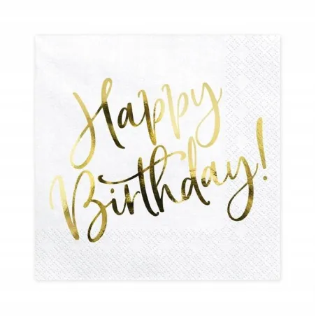 SERWETKI URODZINOWE BIAŁE ZE ZŁOTYM NAPISEM HAPPY BIRTHDAY 20SZT