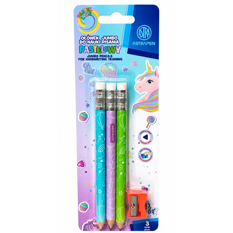 OŁÓWKI DO NAUKI PISANIA PASTELOWE HB JUMBO 3 SZTUKI + TEMPERÓWKA ASTRA OŁÓWKI DO NAUKI PISANIA PASTELOWE HB JUMBO 3 SZTUKI + TEMPERÓWKA ASTRA