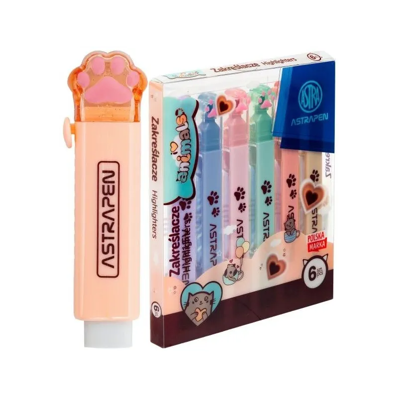 ZAKREŚLACZE Z ŁAPKAMI ANIMALS CHOCO 6 KOLORÓW ASTRA