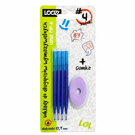 Wkłady Do Długopisów Wymazywalnych Niebieskie 4 Sztuki + Gumka Loozz Wkłady Do Długopisów Wymazywalnych Niebieskie 4 Sztuki + Gumka Loozz