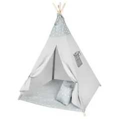 NAMIOT TIPI DLA DZIECI SZARY W GWIAZDKI Z MATĄ I 3 PODUSZKAMI 115×115×180 CM 9M+
