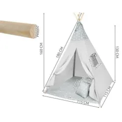 Namiot Tipi Dla Dzieci Szary W Gwiazdki Z Matą I 3 Poduszkami 115×115×180 Cm 9M+