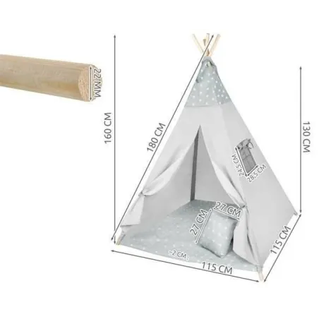 Namiot Tipi Dla Dzieci Szary W Gwiazdki Z Matą I 3 Poduszkami 115×115×180 Cm 9M+