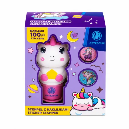 STEMPEL Z NAKLEJKAMI JEDNOROŻEC 100 NAKLEJEK WIELOKROTNEGO UŻYTKU + KSIĄŻECZKA ASTRA