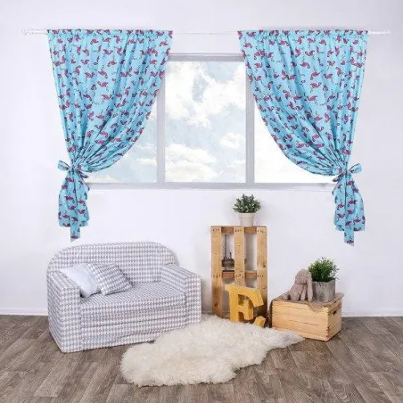 FLAMINGI ZASŁONY DO POKOJU DZIECIĘCEGO + 2 SZARFY 155 X 120 CM FLAMINGI NIEBIESKIE LULANDO - Lulando