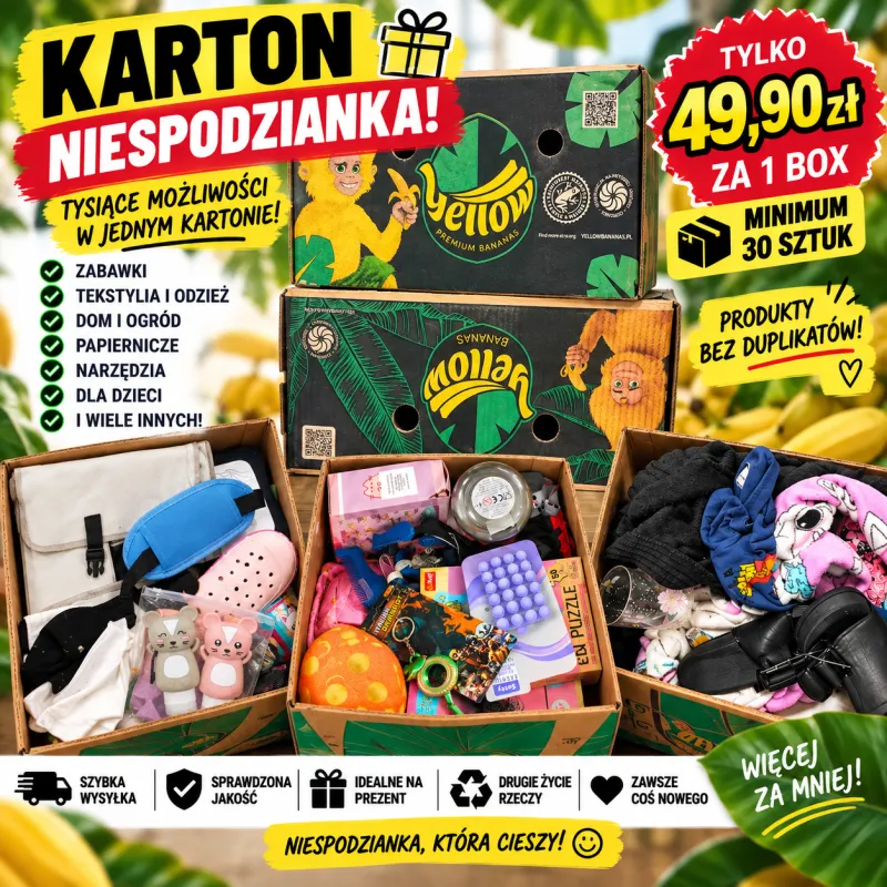YELLOW BANANAS KARTON NIESPODZIANKA MIX PRODUKTÓW MIN. 30 SZTUK MYSTERY BOX YELLOW BANANAS KARTON NIESPODZIANKA MIX PRODUKTÓW MIN. 30 SZTUK MYSTERY BOX