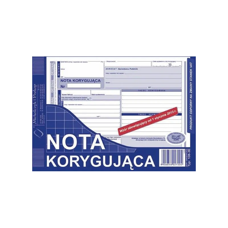 NOTA KORYGUJĄCA VAT DRUKI SAMOKOPIUJĄCE TYP: 108-3U - Michalczyk i Prokop