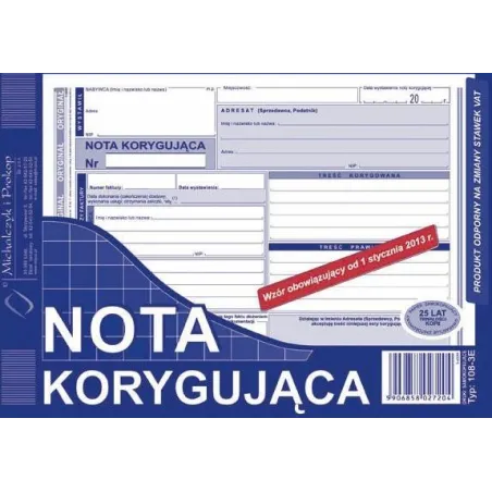 NOTA KORYGUJĄCA VAT DRUKI SAMOKOPIUJĄCE TYP: 108-3U - Michalczyk i Prokop