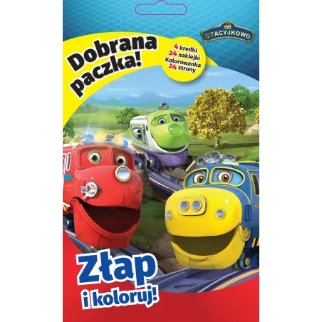 STACYJKOWO KOLOROWANKA DOBRANA PACZKA ZŁAP I KOLORUJ + KREDKI - Media Service Zawada