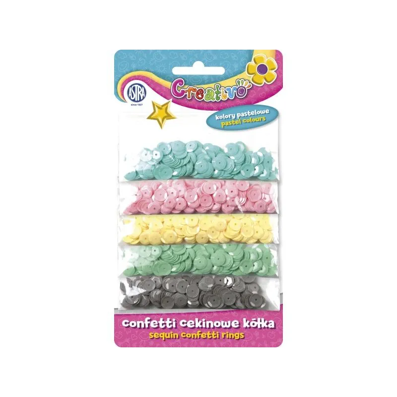 CONFETTI CEKINOWE KÓŁKA NA BLISTRZE 5 KOLORÓW PASTELOWYCH 1000 SZT. - Astra