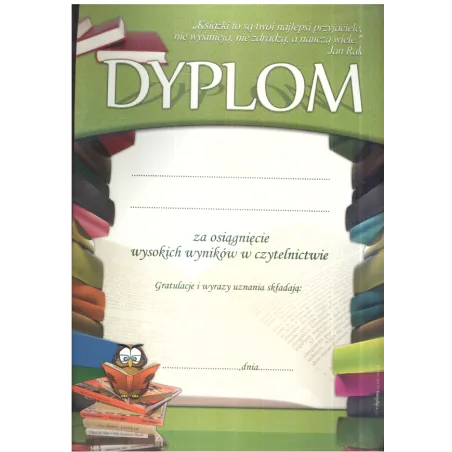 DYPLOM ZA OSIĄGNIĘCIE WYSOKICH WYNIKÓW W CZYTELNICTWIE A4 - Panon