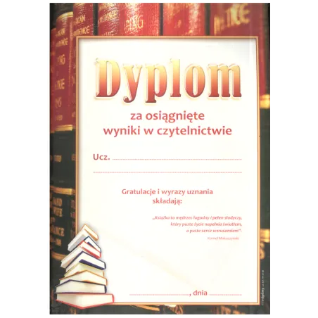 DYPLOM ZA OSIĄGNIĘTE WYNIKI W CZYTELNICTWIE A4 - Panon