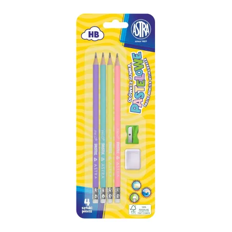 Ołówki Pastelowe Hb Z Miarką 4 Szt. + Gumka + Temperówka Astra Ołówki Pastelowe Hb Z Miarką 4 Szt. + Gumka + Temperówka Astra