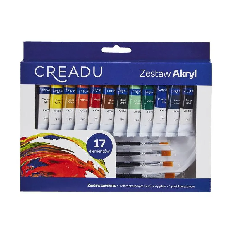 ZESTAW FARB AKRYLOWYCH Z AKCESORIAMI 17 ELEMENTÓW CREADU - Panon