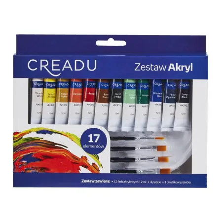 ZESTAW FARB AKRYLOWYCH Z AKCESORIAMI 17 ELEMENTÓW CREADU - Panon