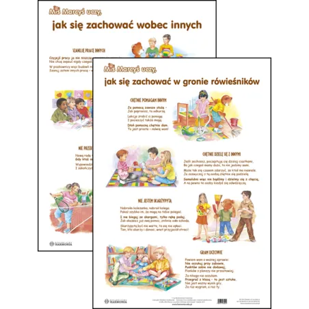 PLANSZA EDUKACYJNA MIŚ MARCYŚ UCZY JAK SIĘ ZACHOWYWAĆ W GRONIE RÓWIEŚNIKÓW JAK SIĘ ZACHOWYWAĆ WOBEC INNYCH - Harmonia