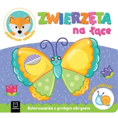 ZWIERZĘTA NA ŁĄCE. KOLOROWANKA Z GRUBYM OBRYSEM, OKRĄGŁE NAKLEJKI - Aksjomat