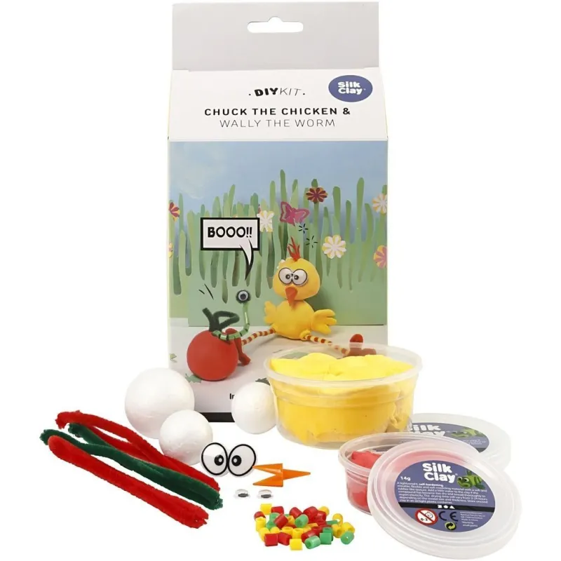 KURCZAK Z ROBAKIEM Z MASY SILK CLAY ZESTAW KREATYWNY 5+ - Creotime