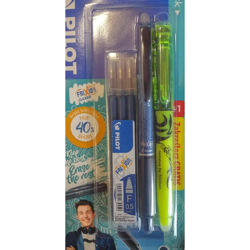 DŁUGOPIS WYMAZYWALNY FRIXION CLICKER 0.5MM + ZAKREŚLACZ + 3 WKŁADY 0.5MM NIEBIESKI 5 ELEMENTÓW - Pilot