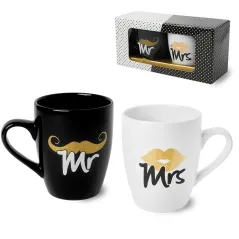 ZESTAW KUBKÓW PORCELANOWYCH BGTECH BLACK&WHITE MR MRS 300 ML