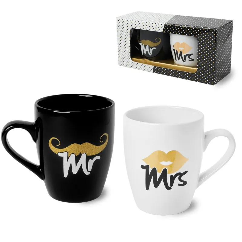 ZESTAW KUBKÓW PORCELANOWYCH BGTECH BLACK&WHITE MR MRS 300 ML