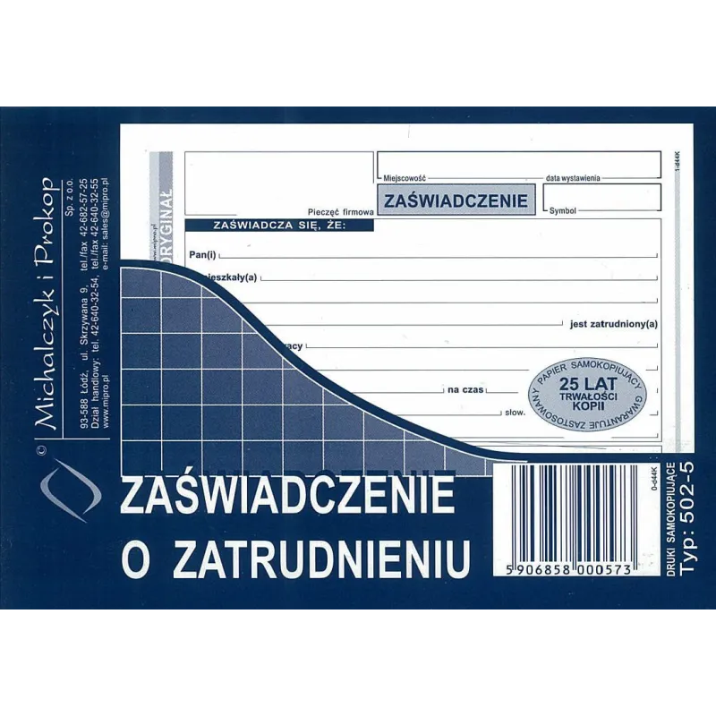 ZAŚWIADCZENIE O ZATRUDNIENIU TYP:502-5 