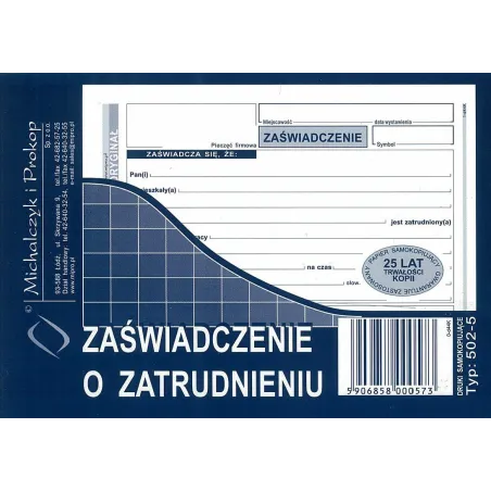 ZAŚWIADCZENIE O ZATRUDNIENIU TYP:502-5 