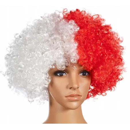 PERUKA BIAŁO CZERWONA AFRO AKCESORIA KIBICA - Godan