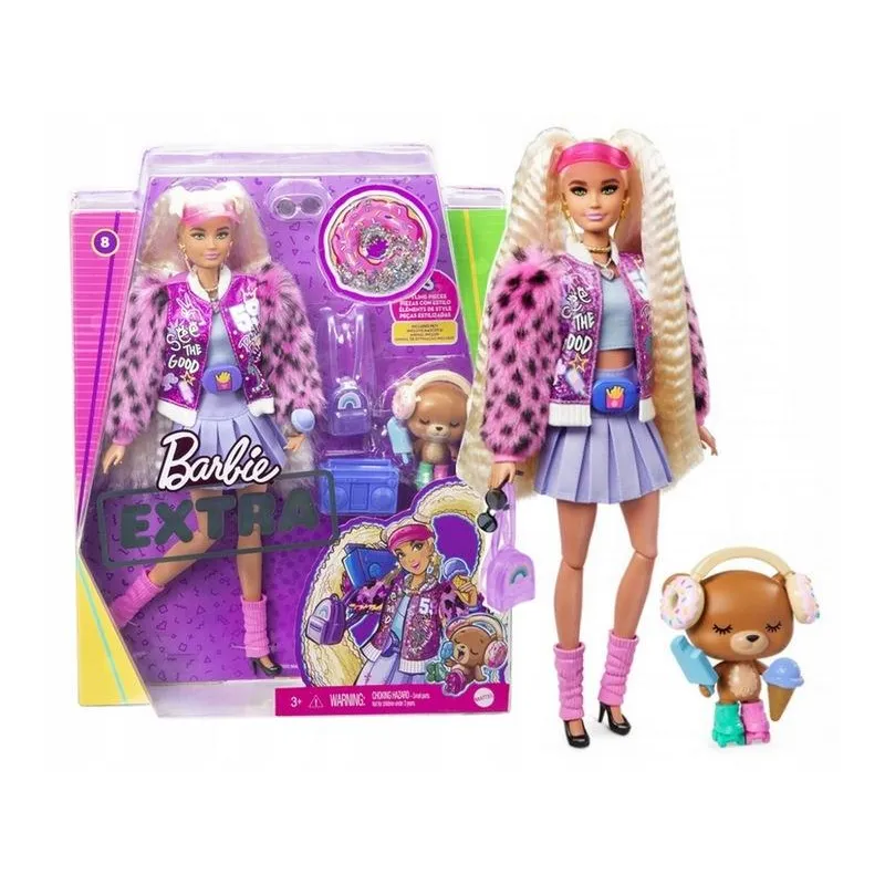 LALKA BARBIE MODA EXTRA KURTKA FUTERKOWE RĘKAWY KARBOWANE BLOND WŁOSY 3+