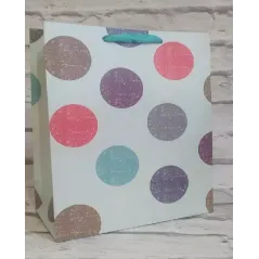 TOREBKA PREZENTOWA NIEBIESKA KOLOROWE KROPKI 33 X 26 CM