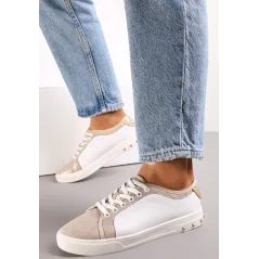 BIAŁO ZŁOTE SNEAKERSY Z ĆWIEKAMI NA PODESZWIE Z BŁYSZCZĄCYMI WSTAWKAMI ROZMIAR 38