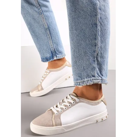 Biało Złote Sneakersy Z Ćwiekami Na Podeszwie Z Błyszczącymi Wstawkami Rozmiar 38 Biało Złote Sneakersy Z Ćwiekami Na Podeszwie Z Błyszczącymi Wstawkami Rozmiar 38
