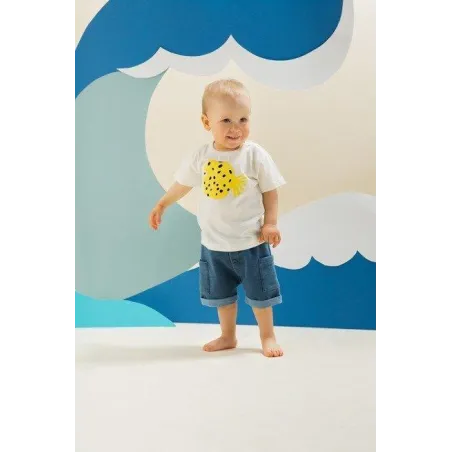 BAWEŁNIANY T-SHIRT DZIECIĘCY ECRU LITTLE FISCH 86CM PINOKIO