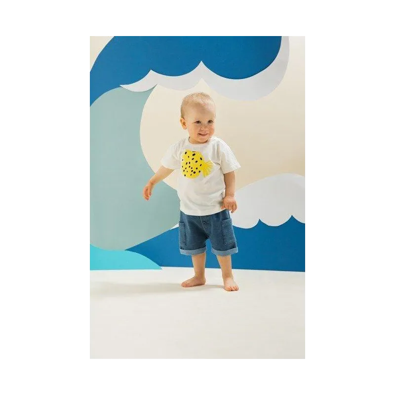 BAWEŁNIANY T-SHIRT DZIECIĘCY ECRU LITTLE FISCH 74CM PINOKIO