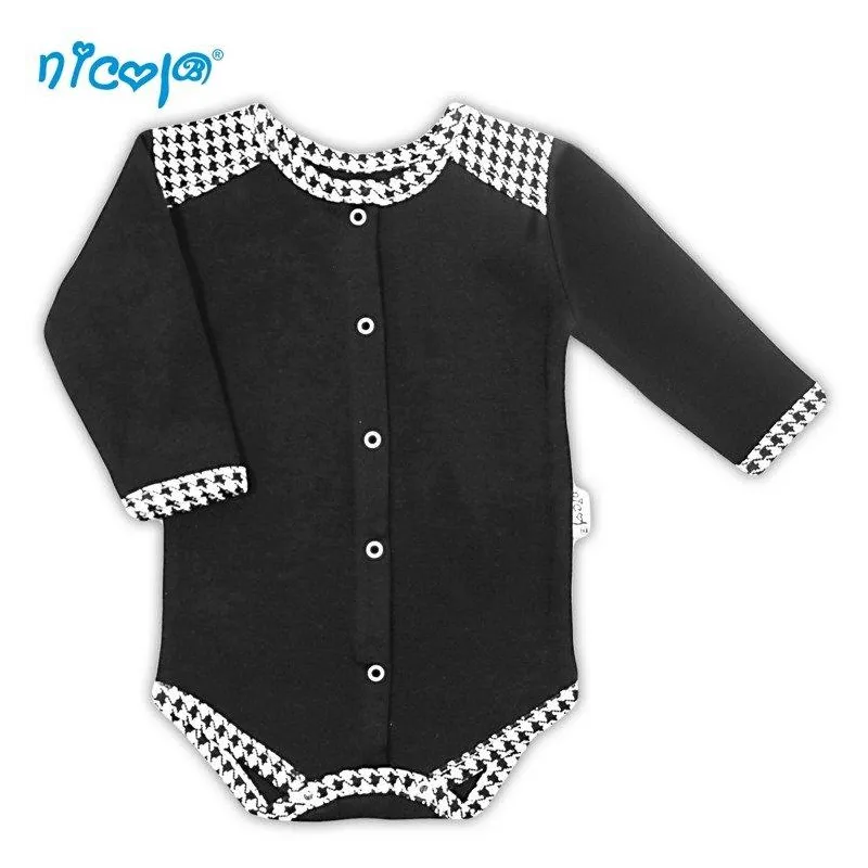 BAWEŁNIANE BODY DZIEWCZĘCE Z DŁUGIM RĘKAWEM CZARNE PEPITKA 52CM BAMAR